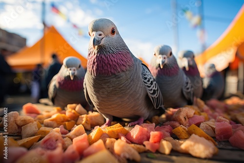Hungry pigeons at the fair in search of food., generative IA