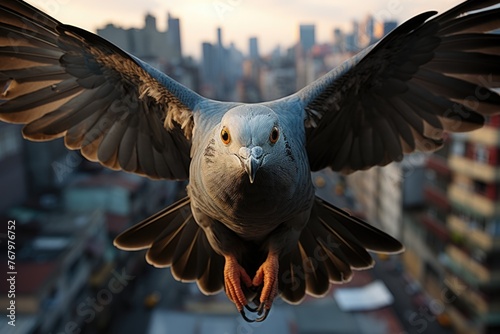 Pigeon flying skillfully between urban buildings., generative IA