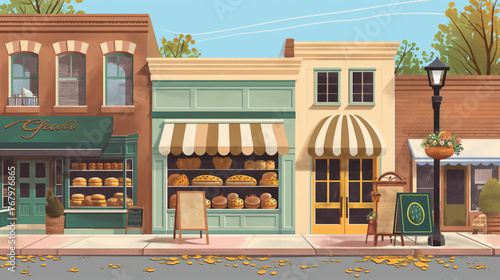 Digital art illustration of a charming local bakery storefront with a quaint. Vintage facade and cozy street view