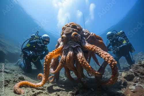 Marine scientists study an octopus in Recife., generative IA