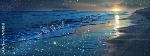 A serene beach where the sand sparkles like stars.