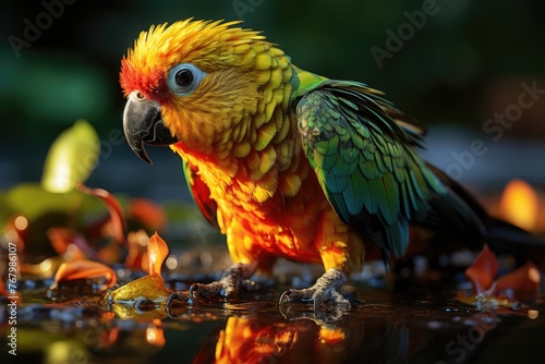 Curious parrot slopes to drink with pool., generative IA