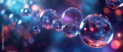 floating 3D composition of glass orbs reflecting and refracting light in a dark
