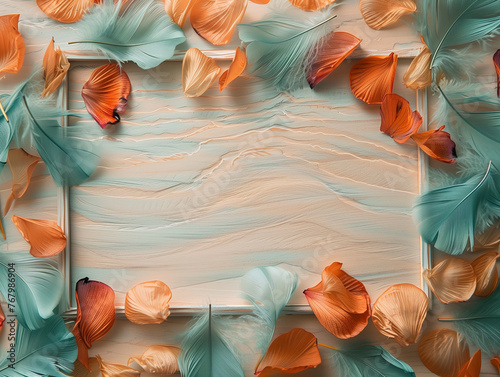 Calming arrangement of soft feathers in shades of turquoise and peach form a peaceful border on a textured wooden panel