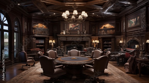 Lavish residential poker parlor with fireplace inglenooks, coffered ceilings, leather topped game tables, and clubby aesthetic