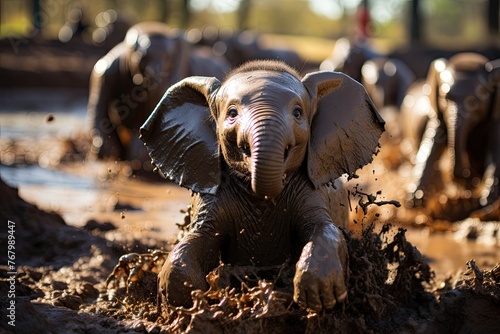 Baby elephant has fun in the mud with other puppies., generative IA