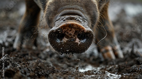 Capturing the essence of swine's innate behavior, an extreme close-up delves into the intricate movements of a pig's snout as it fervently roots in the muddy terrain.