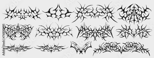 Neo Tribal Tattoo Shapes Collection. Set Of Cyber Sigilism Y2k Streetwear Elements Vector Design. Dirty Death Metal Band Logo Sign.