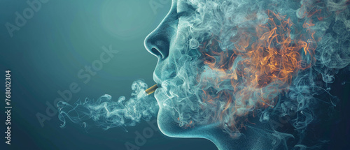 A faceless person smoking, exhaling colorful smoke in a dark, moody setting.