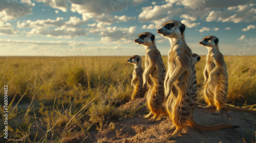 A group of four meerkats standing on a dirt hillside