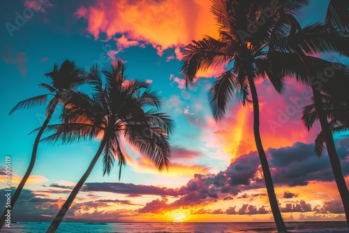 Colorful cloudy sky at sunset with palm trees
