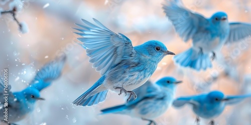 Gorgeous bluebirds in winter, perched on branches, showcasing the beauty of wildlife in nature.