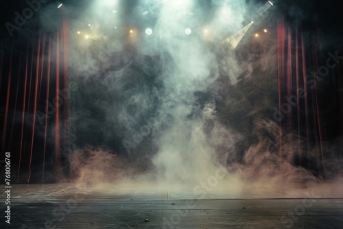 Dark stage with spotlights and smoke, empty scene for theater or cinema performance Generative AI