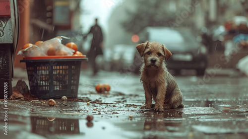 Stray homeless dog sad abandoned hungry puppy sitting alone in the street under rain dirty wet lost dog outdoors pets adoption shelter rescue help for pets