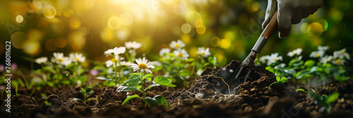 Gardener planting flowers in the soil with garden tools on a green bokeh background for a banner design with copy space for text.