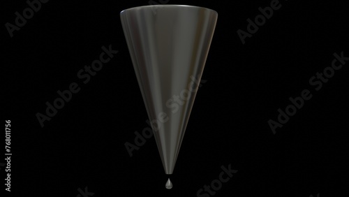 Percolation. Water moving through glass cone. Water filtration in funnel. Liquid moves through glass filter. Filtering of fluid. Liquid passes, strained through filter. 3d render illustration.
