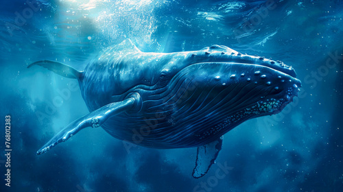 A breathtaking moment captured as a humpback whale gracefully surfaces in the crystal-clear waters of the Caribbean Sea, showcasing the majestic beauty of marine life