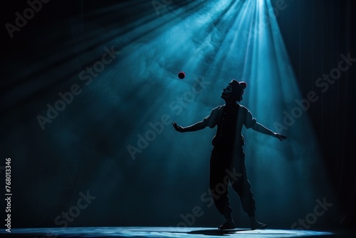 Enchanting Clown with Colorful Balls Juggling on Spotlighted Stage, Surrounded by Dark Background and Whimsical Smoke, Captivating the Audience