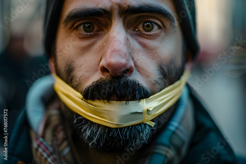 Symbol of violence: duct tape over the mouth of a gaunt man - conveying a message about terrorism