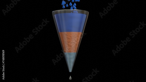 Percolation. Water moving through soil layers. Water filtration. Liquid moves through filter. Filtering of fluid in porous materials. Liquid passes, strained through filter. 3d render illustration.