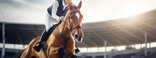 Female equestrian athlete at riding hippodrome arena with brown horse on sunny day outdoor.