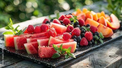 an image of a summer fruit platter with slices of watermelon, peaches, and berries, arranged in an inviting and artistic manner, set outdoors on a picnic table with natural lighting.