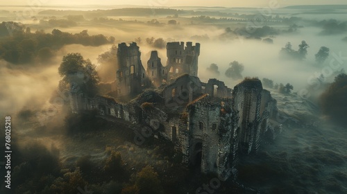Historic castle ruins from a drone's eye view, early morning mist adding a mysterious vibe, high-resolution for history and architecture publications.