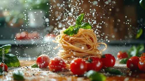 Dynamic spaghetti twirl with tomatoes and basil, kitchen action shot