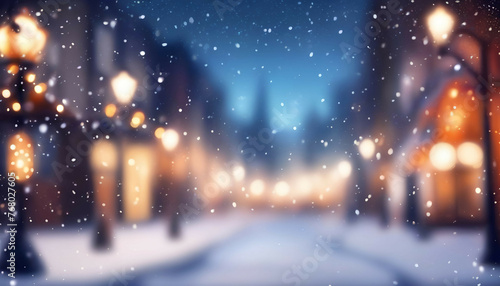 Beautiful blurred street of festive night or evening city with snowfall and Christmas lights. Abstract christmas defocused background.