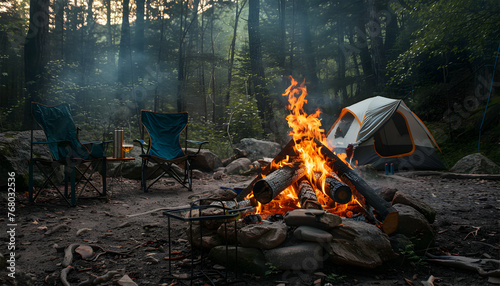 bonfire with burning firewood near chairs and camping tent in forest at daytime