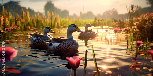 diverse ecosystem in a wetland area, showcasing birds, plants, and waterfowl. Generative AI