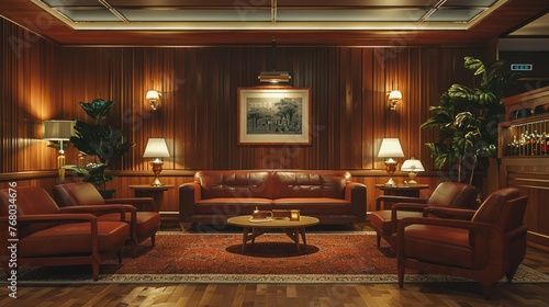 60s style lounge with wooden paneling and period decor