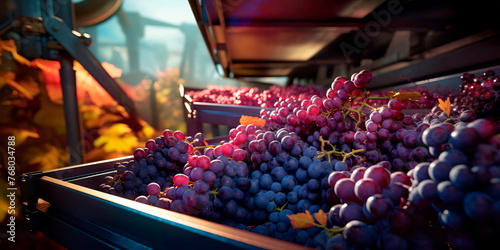 grape harvester's conveyor belts gently carrying clusters of perfectly ripe grapes from the vine to a waiting . Generative AI