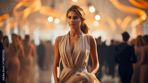 Elegant woman in beige evening dress at event with blurred background. Social event and fashion concept. Design for invitation, poster.