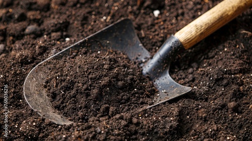 A well-used metal shovel rests in loamy soil, ready for gardening tasks in a fertile garden bed.