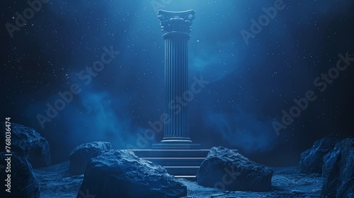 Produce an artistic, high-quality image of an elegant podium display pedestal, set against a deep blue background that mimics a night sky, complete with subtle, distant stars.