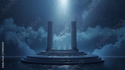 Produce an artistic, high-quality image of an elegant podium display pedestal, set against a deep blue background that mimics a night sky, complete with subtle, distant stars.
