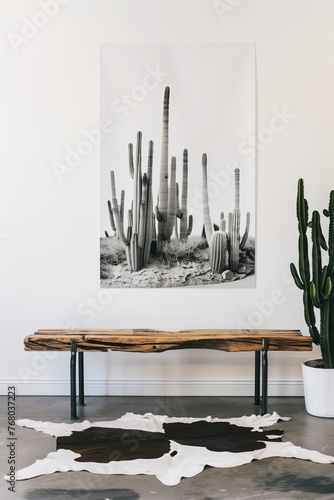 A black and white photograph of cacti in the desert, hanging on the wall above a long wood bench with legs made from metal pipe. The floor is covered in a cowhide rug. Minimalist home interior design 