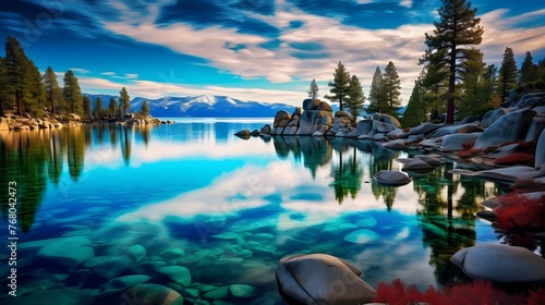 Beautiful lake in California, Lake Tahoe with turquoise water and boulders on the shore, clear blue sky, green trees, sunny day, clear focus.