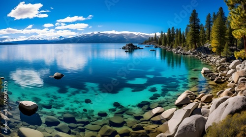 Beautiful lake in California, Lake Tahoe with turquoise water and boulders on the shore, clear blue sky, green trees, sunny day, clear focus.