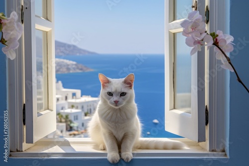 a cat sitting on a window sill looking out to the ocean