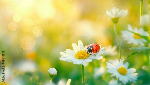 A ladybug on a daisy flower in summer daylight with a blurred natural background.