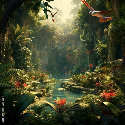 Jungle with exotic plants and animals