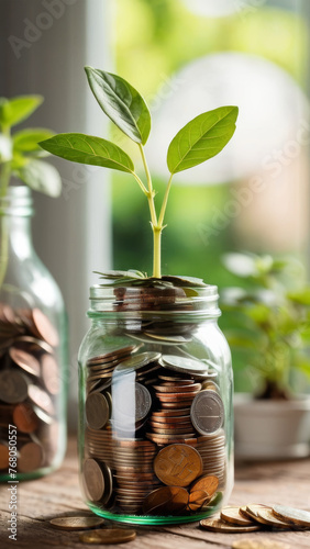 Growing Savings: Seedling, Coins, and Jar Against Garden Backdrop