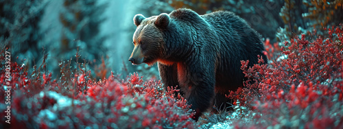 The view of a bear among forests and flowers