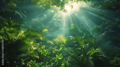 Sunlight Illuminating the Dense Greenery of a Mystical Forest.