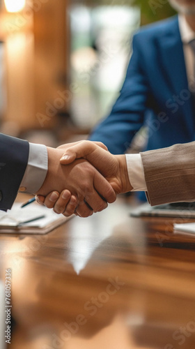 Business people shaking hands, finishing up a meeting. Handshake concept .