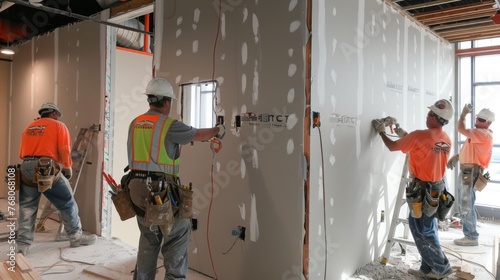 Builders install drywall for interior partition