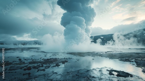 A geothermal geyser erupts, sending a powerful column of steam into the misty, ethereal atmosphere of a vast, otherworldly landscape.
