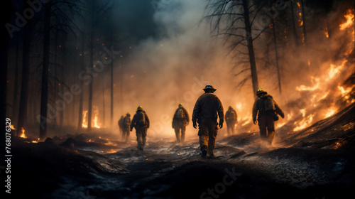Firefighters clad in protective gear stride towards a raging fire, Generative AI